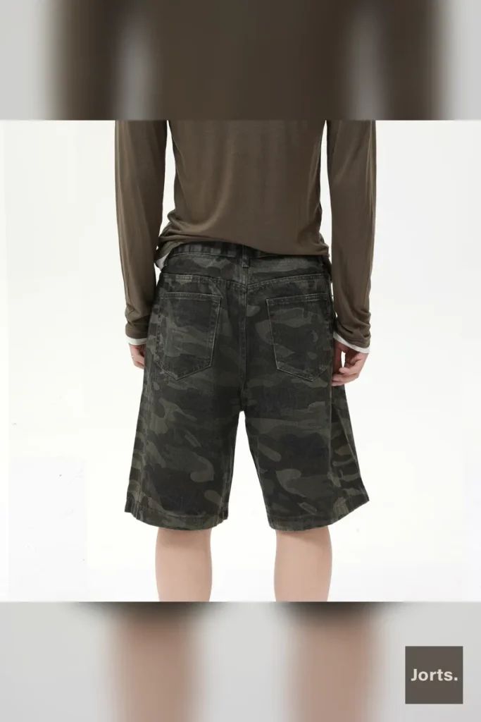 Close-up detail of the zipper fly on men's dark camouflage denim jorts, made from durable cotton.