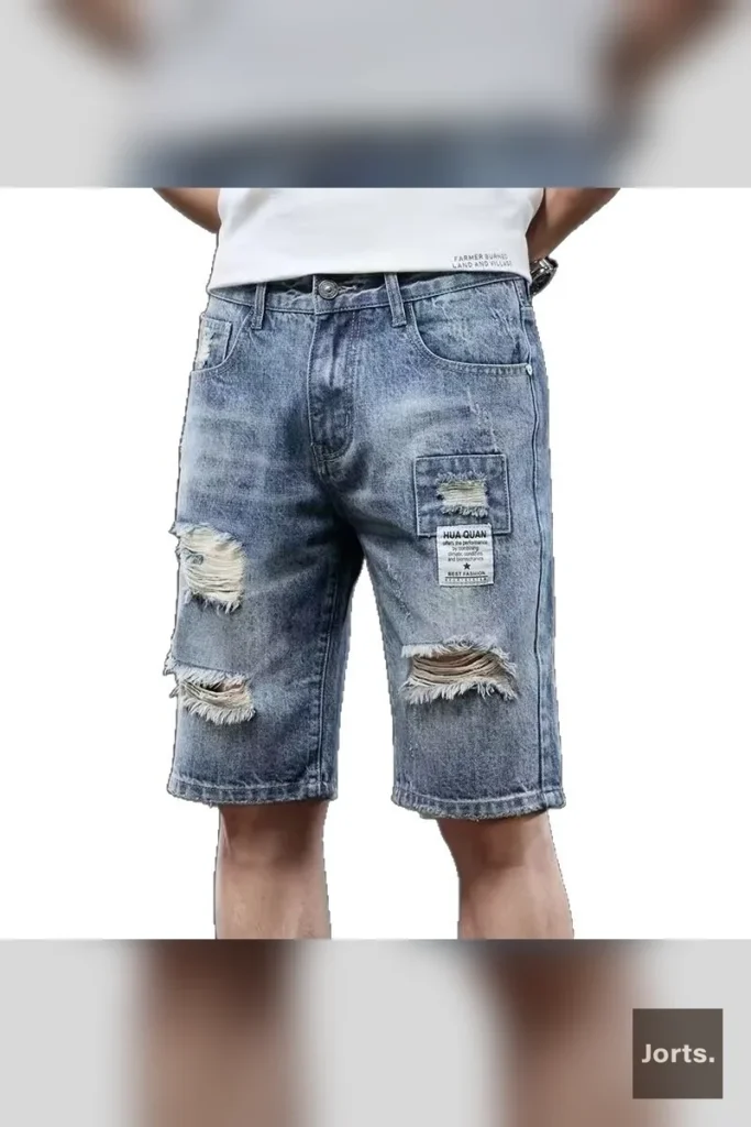 Side view of men's mid-length light blue ripped denim jorts, showcasing the fit.