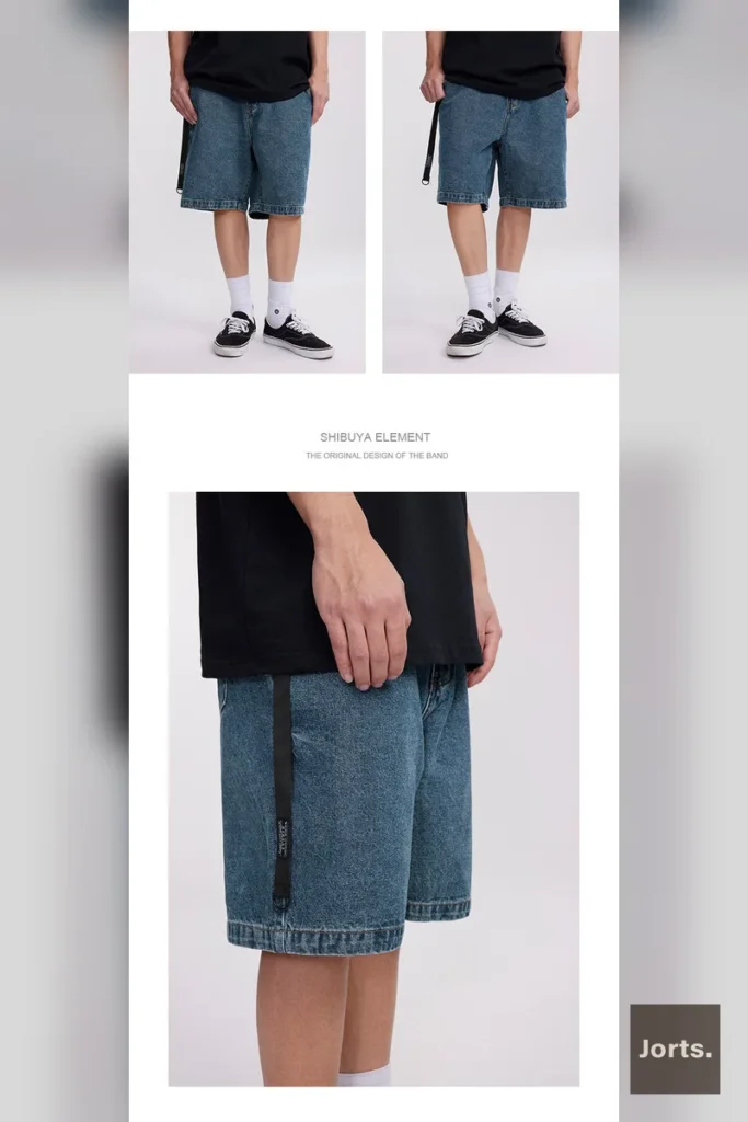 Close-up of dark blue cotton denim fabric on men's shorts, highlighting texture and solid color