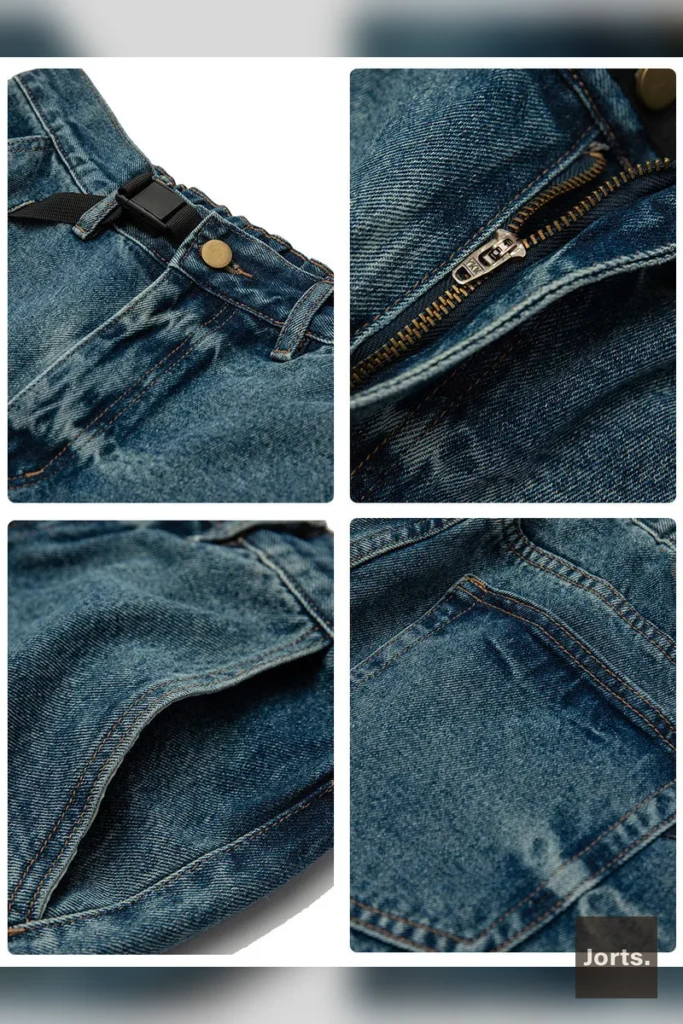 Detail shot of the pocket on men's dark blue denim shorts, showing stitching and construction