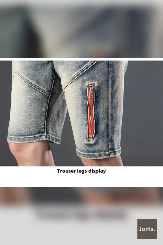 Model wearing men's denim jorts in a relaxed, casual sitting pose.