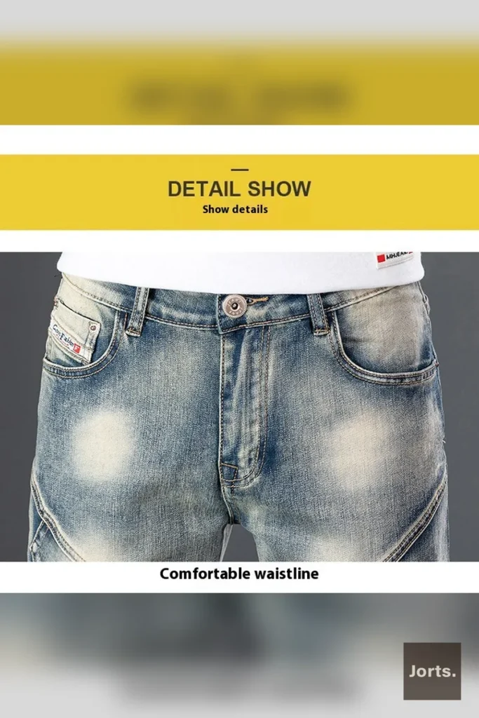 Flat lay of men's denim shorts, highlighting the mid-length and straight leg.