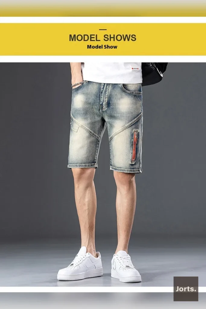 Model posing with the back of men's denim shorts visible, showcasing fit.