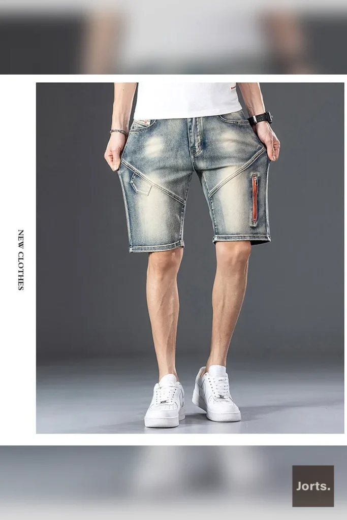 Model wearing men's denim shorts in a casual Y2K streetwear pose.