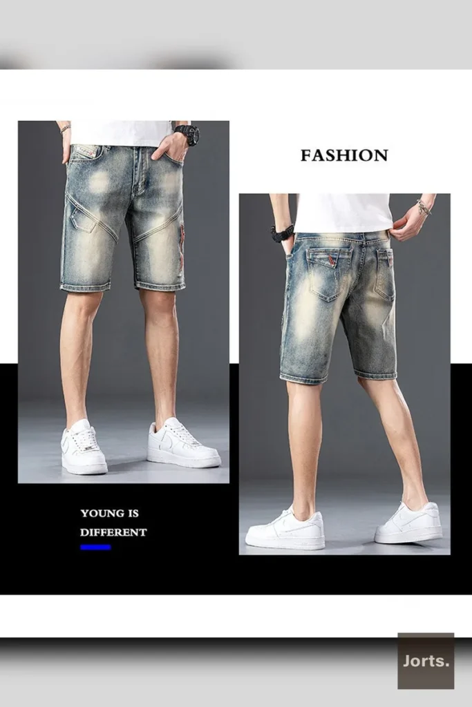 Close-up of the waistband and button closure on men's Y2K denim shorts.