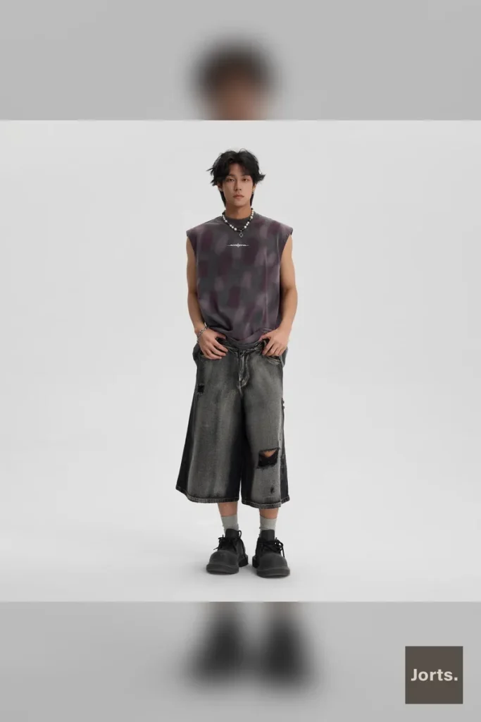 Side view of mens distressed black denim jorts, showcasing the cropped length.