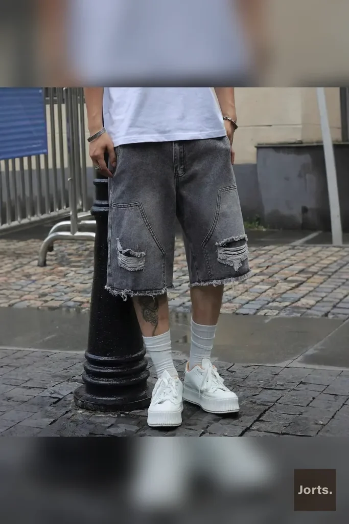 Close-up detail of the gray denim fabric on the mens jorts, emphasizing the cotton material with slight stretch.
