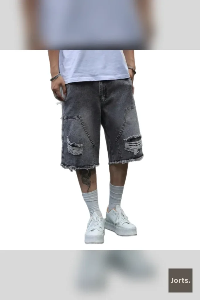 Mens gray straight-leg denim jorts, front view, showcasing relaxed fit and cropped length, perfect for Y2K streetwear style.