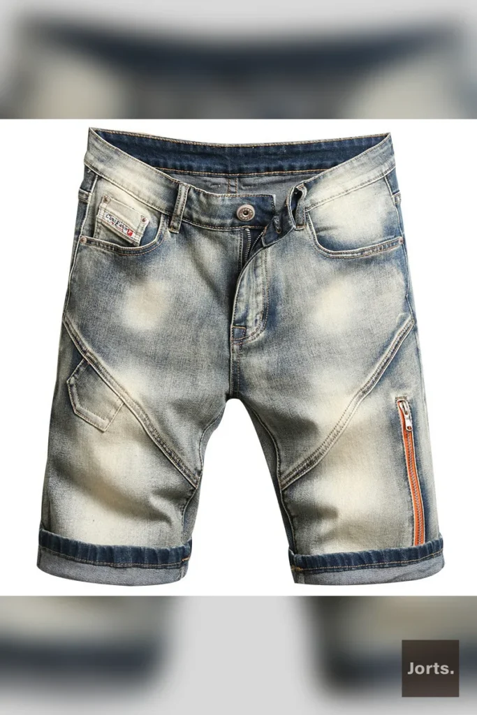 Men's mid-length denim shorts styled for a nostalgic Y2K streetwear aesthetic.