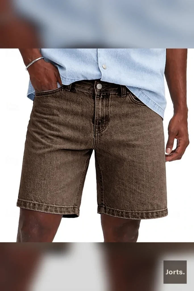 Side profile of model in army green minimalist mens cropped denim jorts, demonstrating flowy silhouette.
