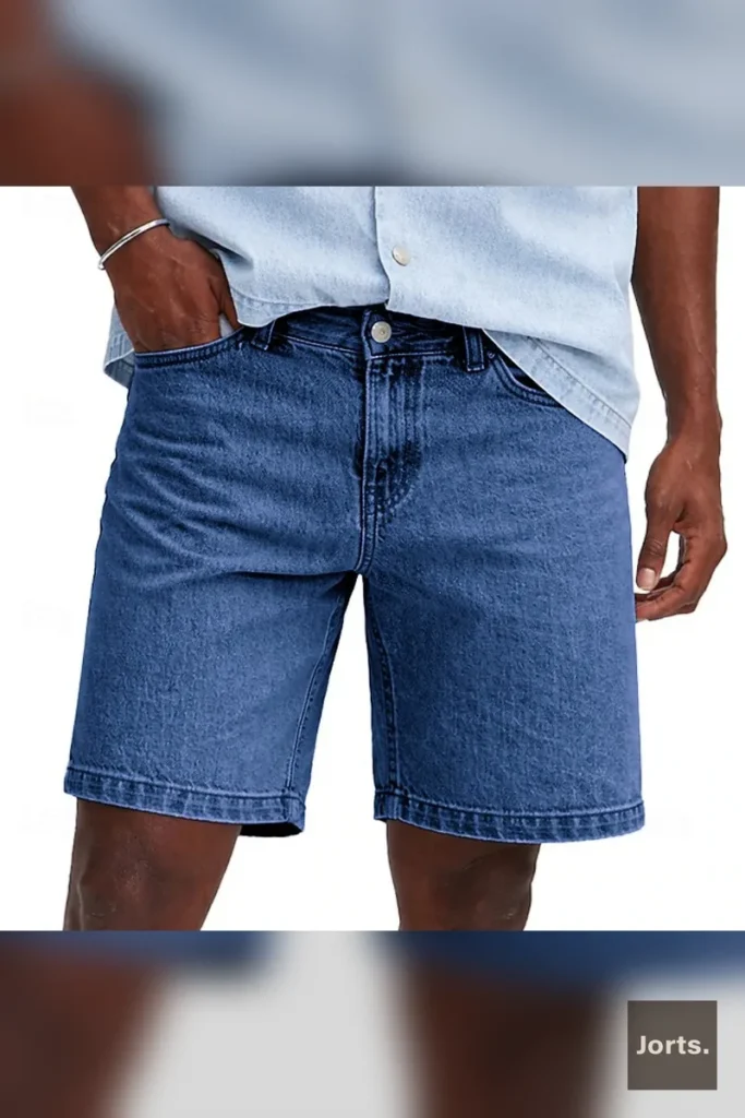 Close-up of blue minimalist mens cropped denim jorts fabric, showing cotton texture and quality.
