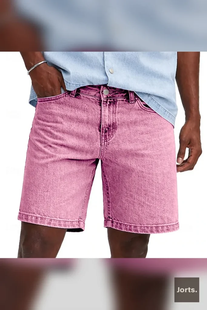 Model styled in coffee minimalist mens cropped denim jorts as part of a complete Y2K streetwear outfit.