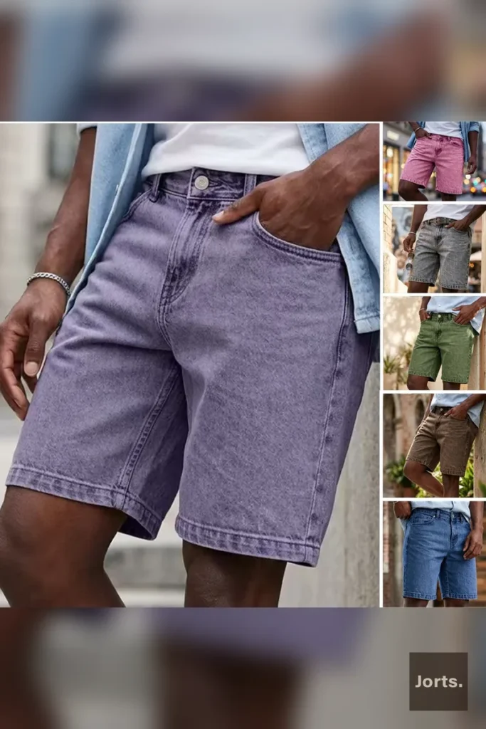 Back view of light grey minimalist mens cropped denim jorts, highlighting the relaxed fit.