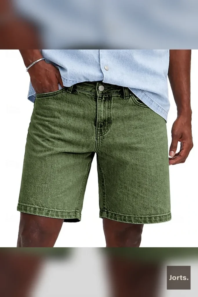 Model wearing light grey minimalist mens cropped denim jorts, showcasing loose fit and streetwear style.