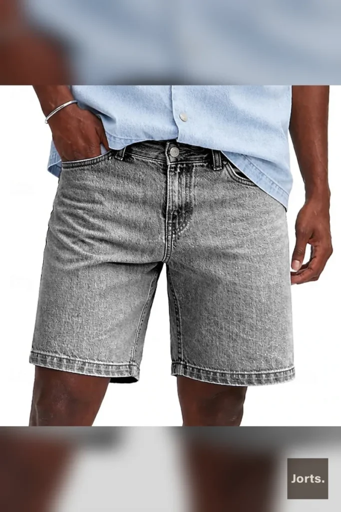 Front view of purple minimalist mens cropped denim jorts, showcasing the vibrant color and loose fit.