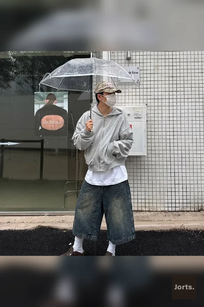 Model showcasing the cropped length of the men's retro blue baggy denim jorts, styled casually for a comfy, wearable look.