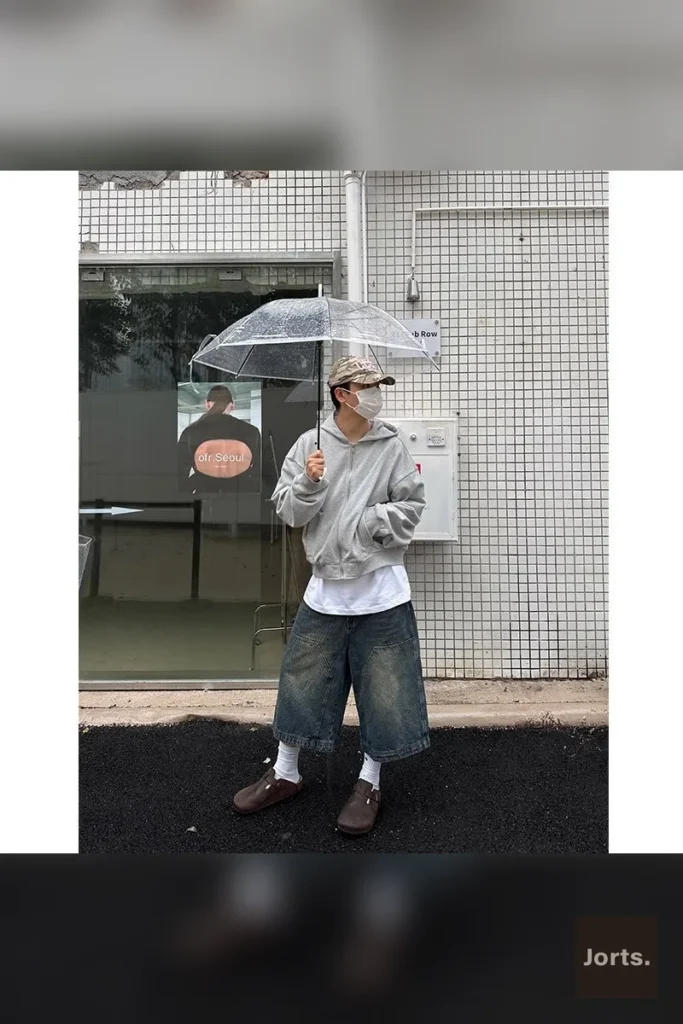 Men's retro blue baggy denim jorts styled in a casual streetwear outfit, perfect for leisure and an edgy Y2K aesthetic.