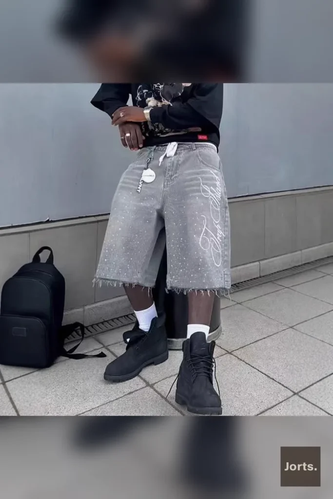 Black color option of men's retro baggy denim shorts
