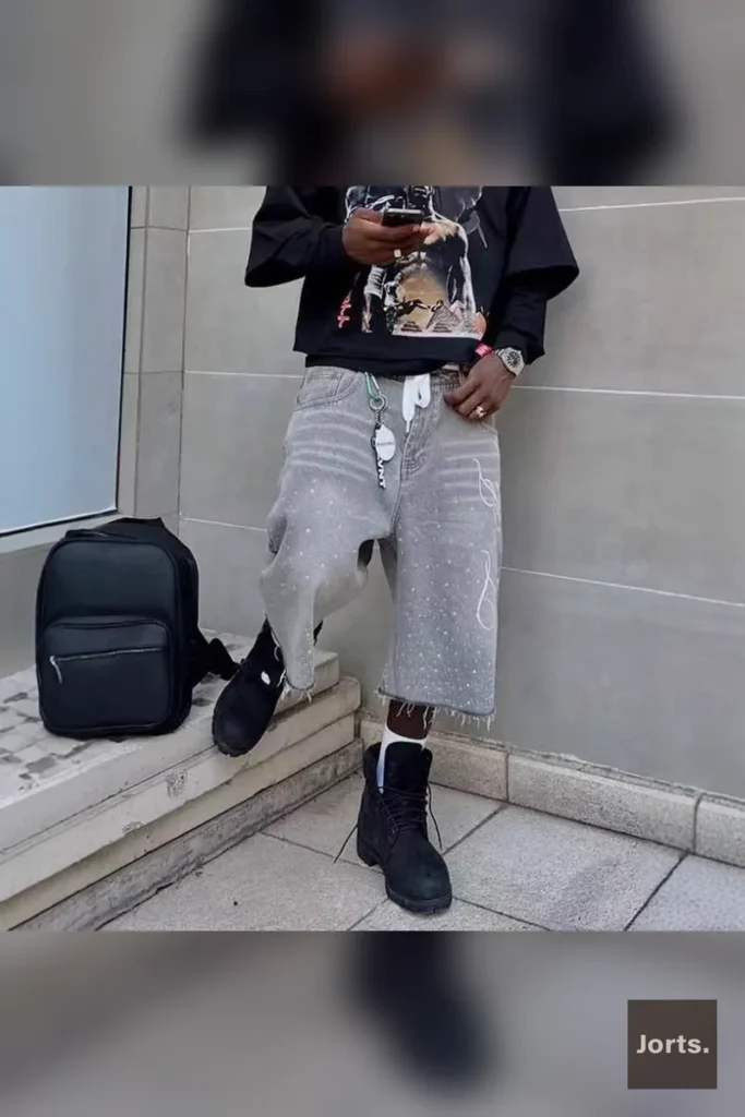 Man styled in gray retro baggy denim shorts for a Y2K streetwear look