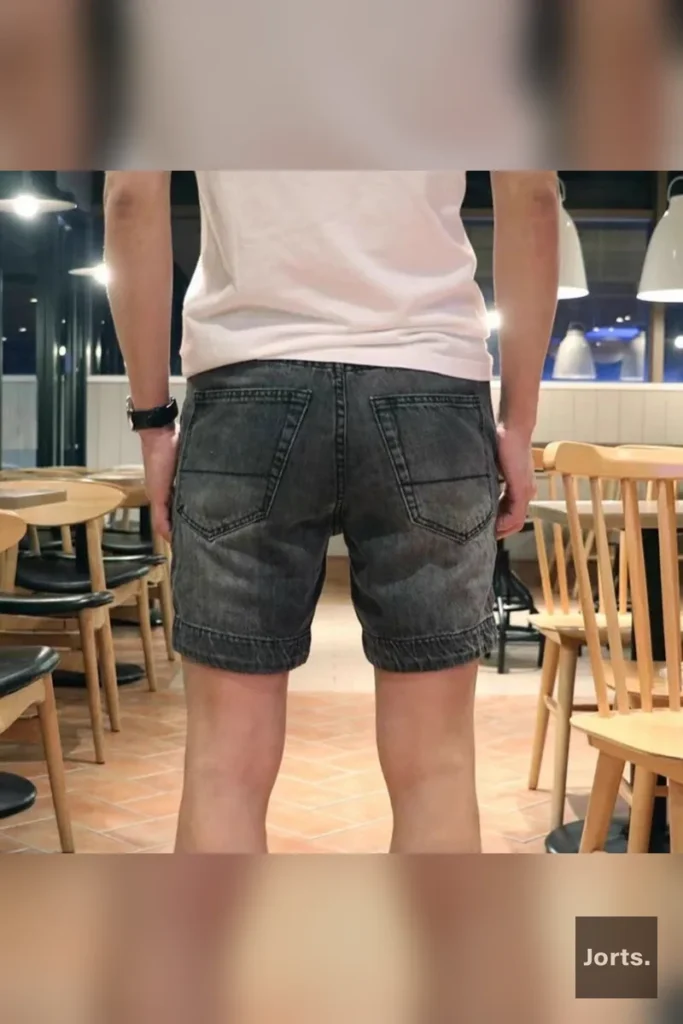 Close-up of the washed denim fabric on the men's retro jorts, showing texture and slight stretch for comfort.
