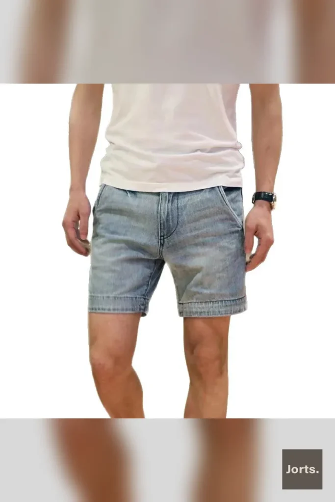 Back view of men's retro light blue denim jorts, highlighting the classic styling and comfortable fit.