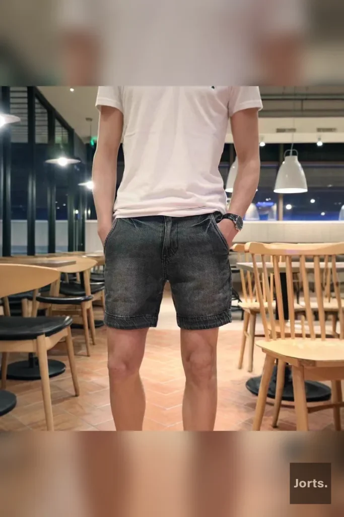 Men's retro light blue washed denim jorts with a relaxed fit, perfect for Y2K streetwear style and summer vibes.