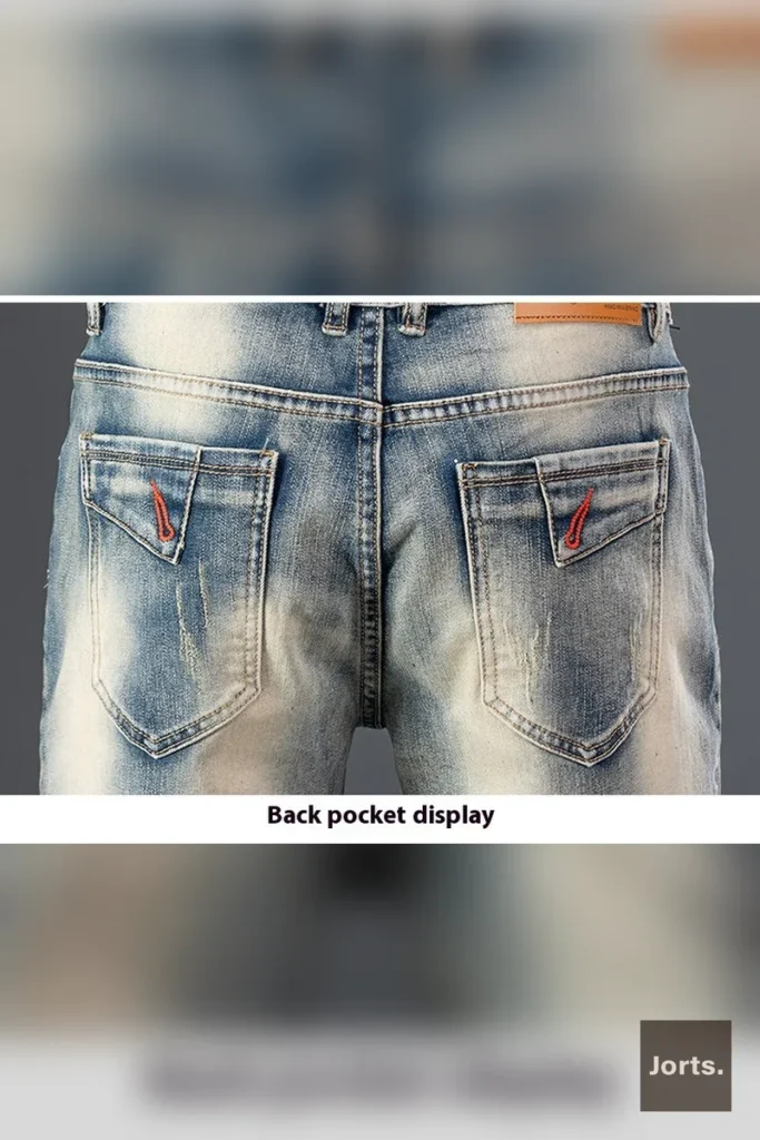 Side profile of men's streetwear denim shorts, showcasing mid-length fit.