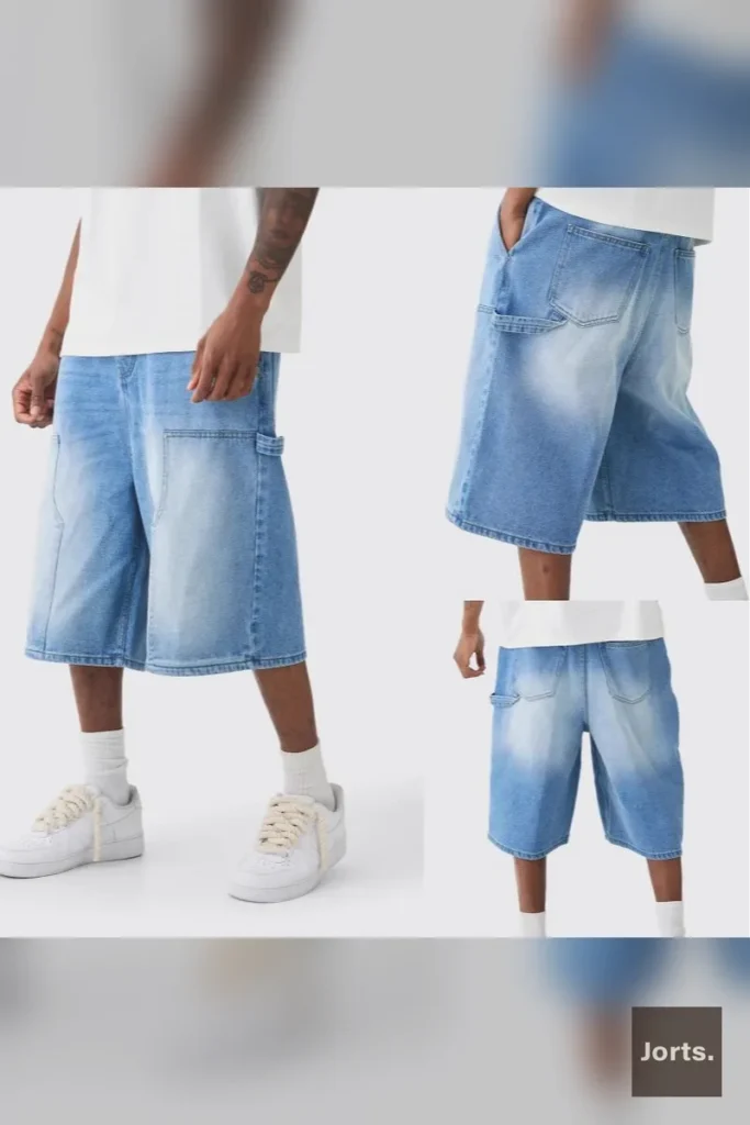 Back view of men's Y2K baggy straight-leg cropped denim jorts.