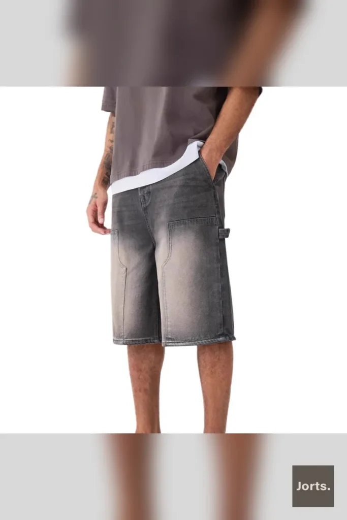 Men's Y2K baggy straight-leg denim jorts in gray, side view, showcasing relaxed fit.