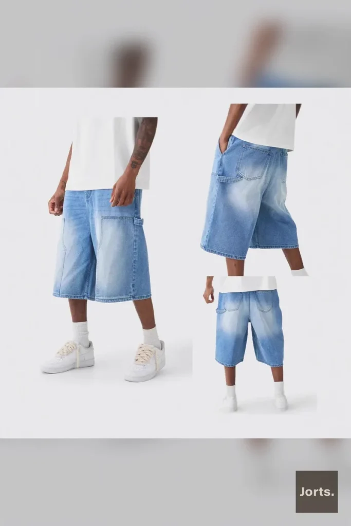 Close-up of cotton denim fabric detail on men's Y2K baggy jorts.