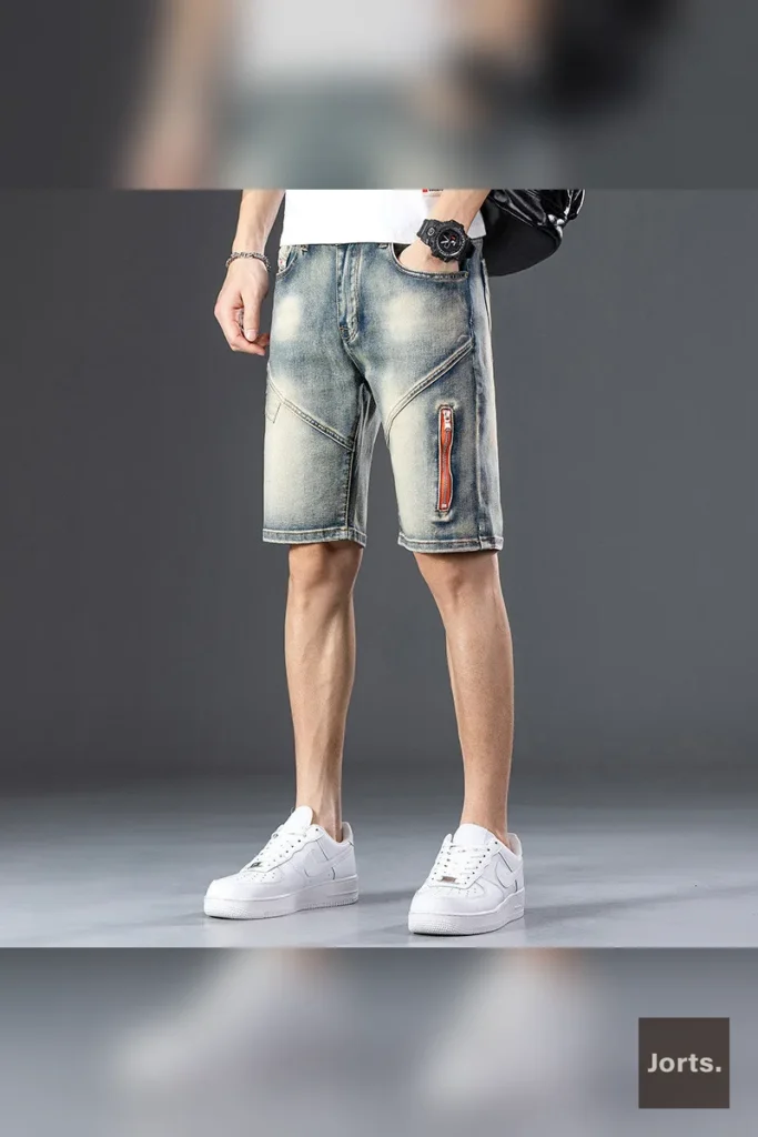 Close-up detail of the unique stitching and collage craft on men's Y2K denim jorts.