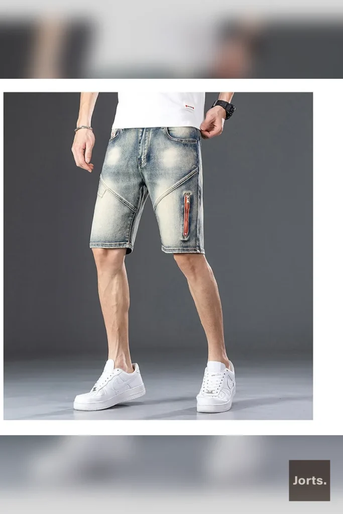 Model walking in men's Y2K denim jorts, showing movement and comfortable fit.