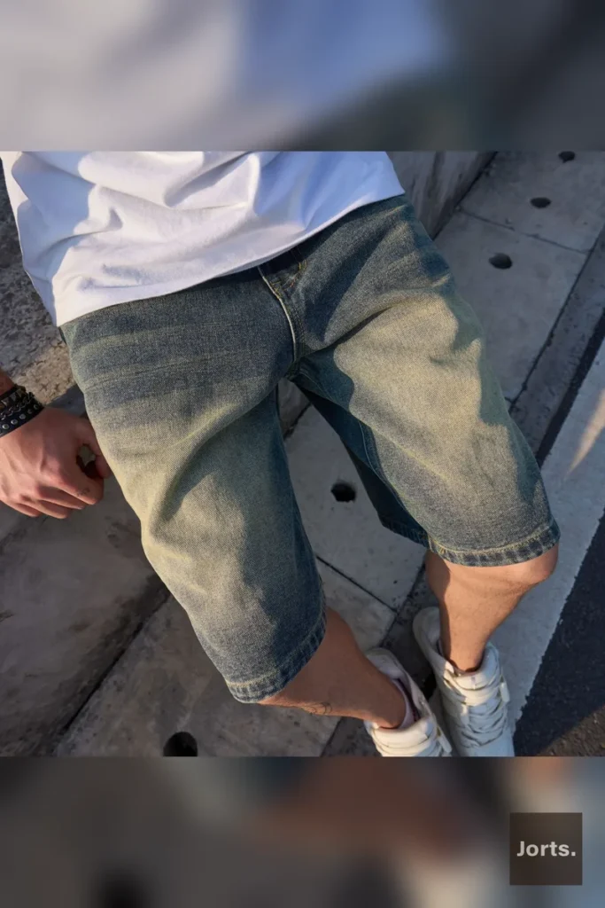 Close-up detail of the denim fabric and zipper front placket on Mens Y2K loose-fit straight-leg pants.