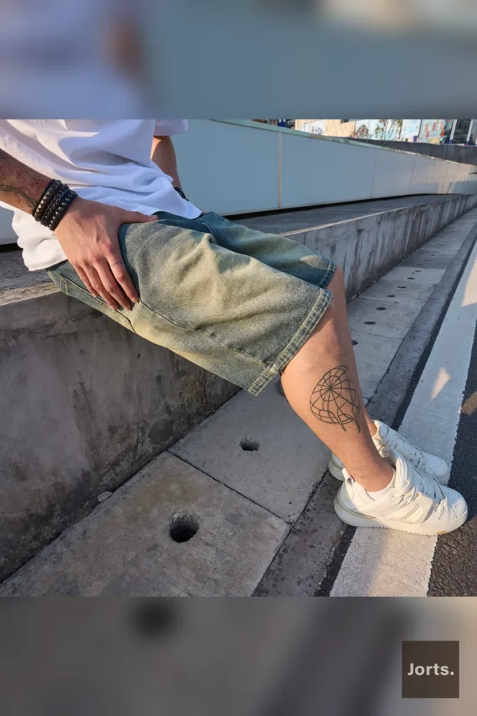 Mens loose-fit straight-leg denim pants, side profile, highlighting the relaxed fit and full length.