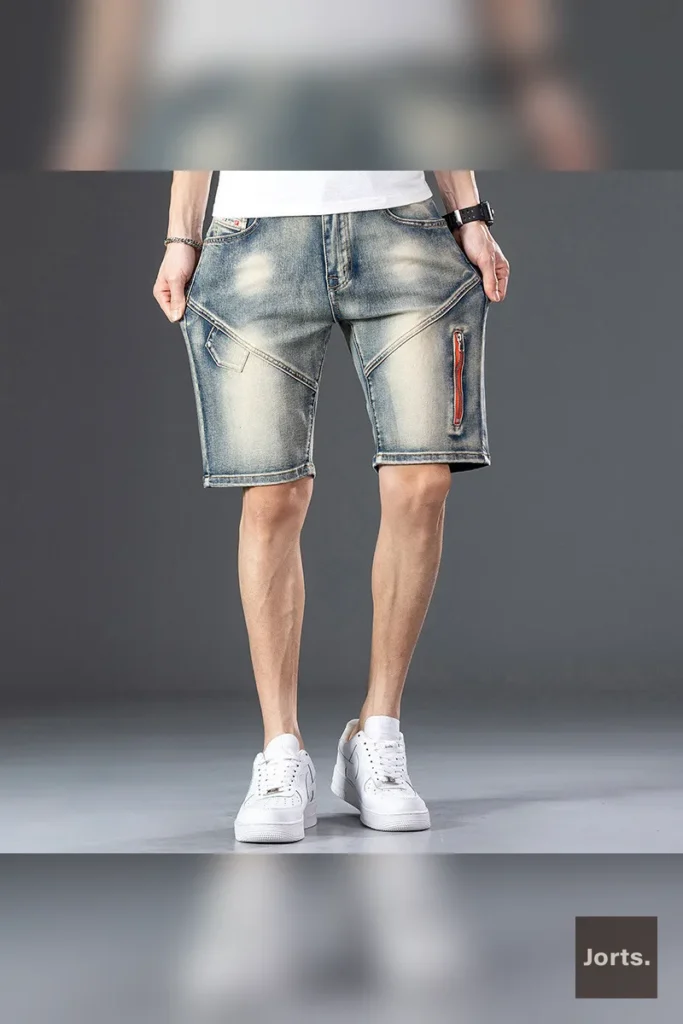 Front view of men's Y2K stitch denim jorts, featuring a mid-length straight leg fit.