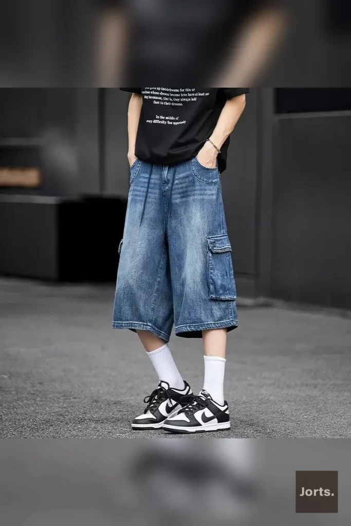 Back view of mid-rise workwear long denim jorts, showing pocket details and no-stretch cotton fabric