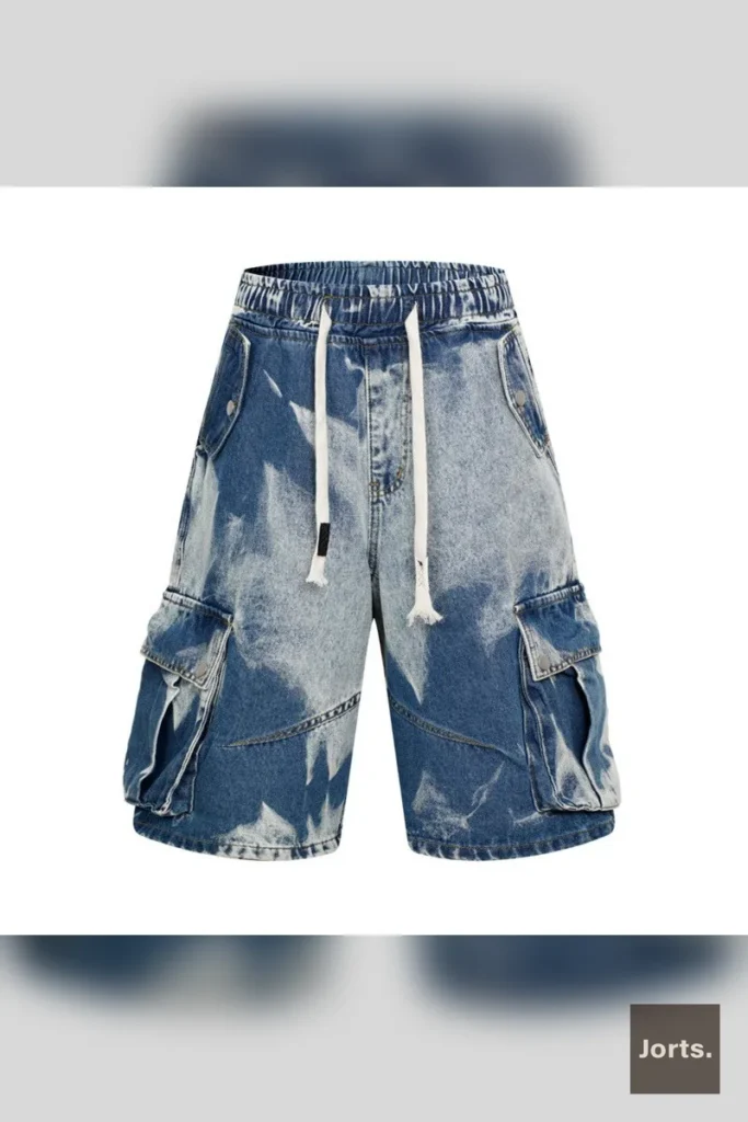 Close-up of the cotton fabric and tie-dye pattern on the Multi-Pocket Denim Shorts, highlighting texture.