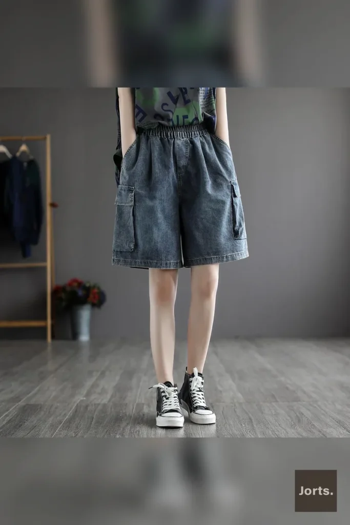 Back view of a model wearing Jorts Vintage Plus-Size Baggy High-Waist Distressed Denim Shorts.