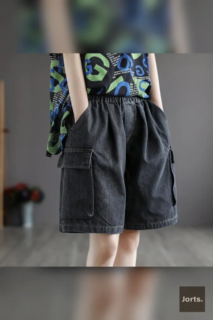 Woman showcasing Jorts Plus-Size Baggy High-Waist Distressed Denim Shorts in black, side profile.