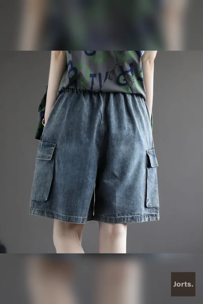 Model styling Jorts Vintage Plus-Size Baggy High-Waist Distressed Denim Shorts for a casual Y2K outfit.