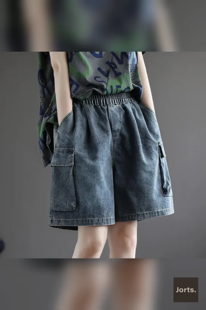 Model wearing Jorts Vintage Plus-Size Baggy High-Waist Distressed Denim Shorts in blue, front view.