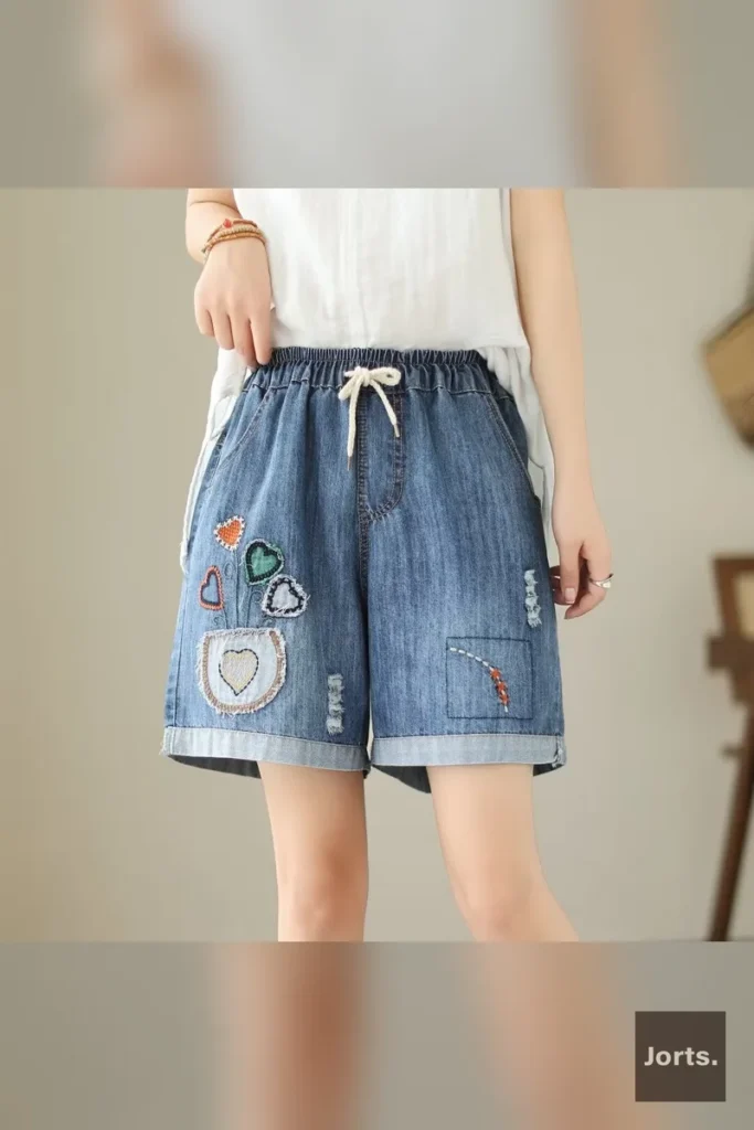 Close-up detail of the wide-leg denim jorts fabric and stitching