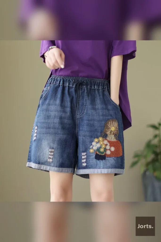 Rainbow Flower print on wide-leg jorts, vibrant and cheerful Y2K style