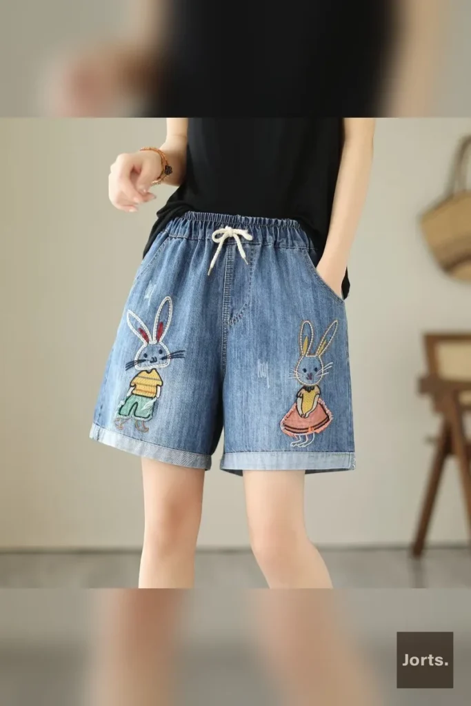 Red Umbrella print on Y2K wide-leg denim shorts, a unique artistic detail