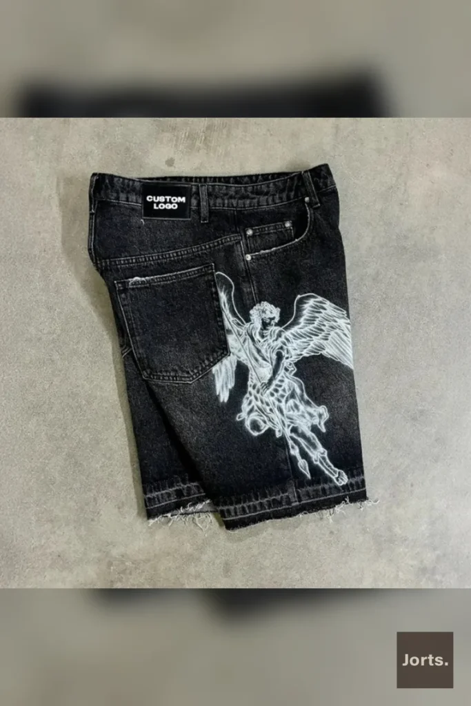 Back view of model in Jorts Retro Baggy Printed Graphic Cropped Denim Jorts, highlighting the relaxed fit.