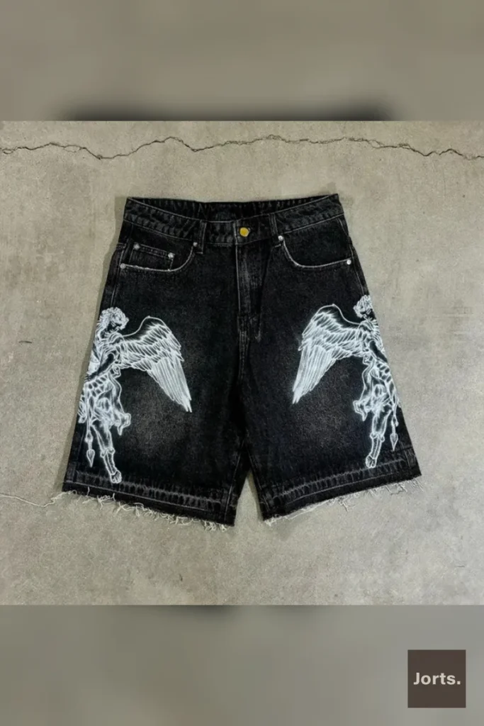 Lifestyle shot of someone rocking Jorts Retro Baggy Printed Graphic Cropped Denim Jorts, embodying the Y2K streetwear vibe.
