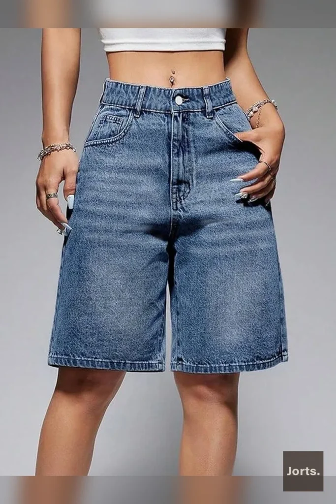 Retro blue baggy cropped denim jorts, embodying vintage Y2K fashion.