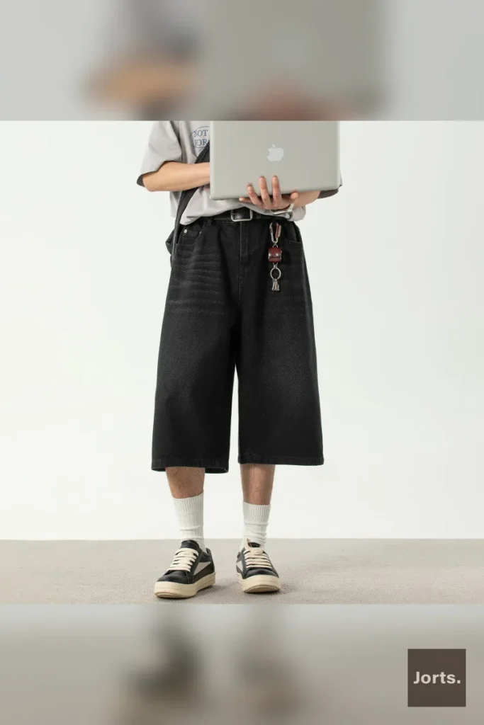 Back view of loose capri shorts, emphasizing the straight hem and overall relaxed silhouette.