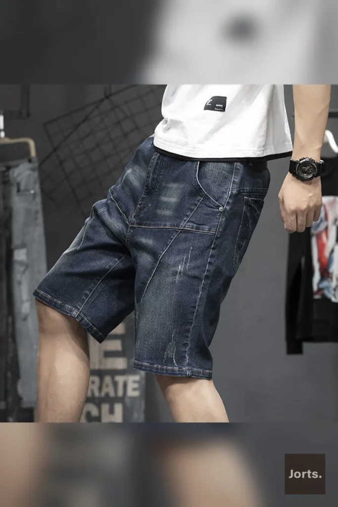 Close-up detail of the hand-painted design on men's retro denim jorts, showing unique artistic elements.
