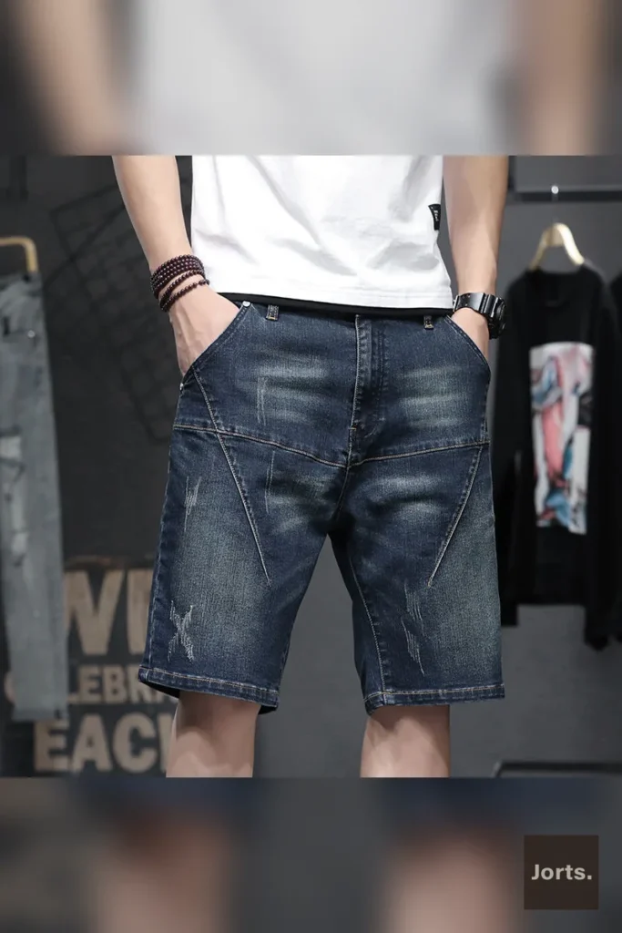 Front view of men's retro hand-painted denim jorts, perfect for a Y2K streetwear look.